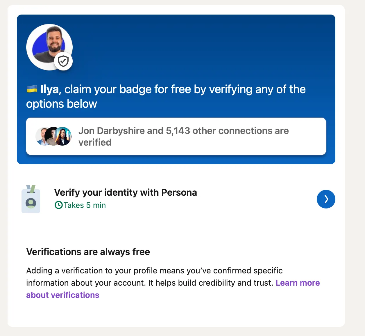 LinkedIn prompt to claim a verification badge by verifying identity with Persona