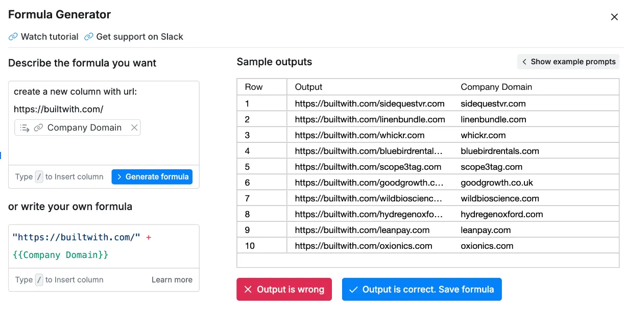 Clay Formula Generator building a BuiltWith URL for each company domain, with sample outputs