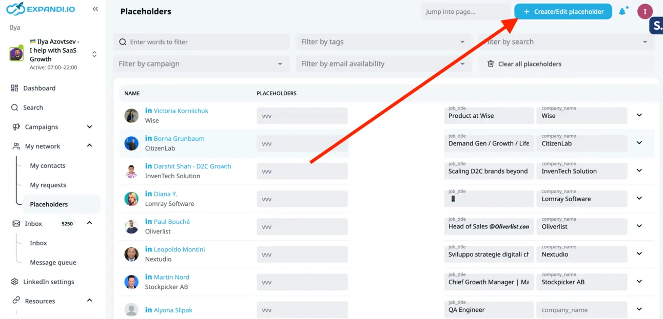 Expandi Placeholders page with an arrow pointing at the Create/Edit placeholder button