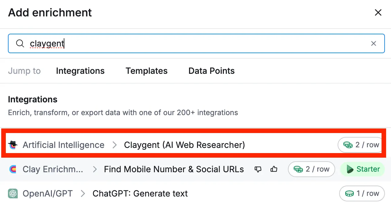 Clay Add enrichment search for claygent, with Claygent (AI Web Researcher) at 2 credits per row highlighted