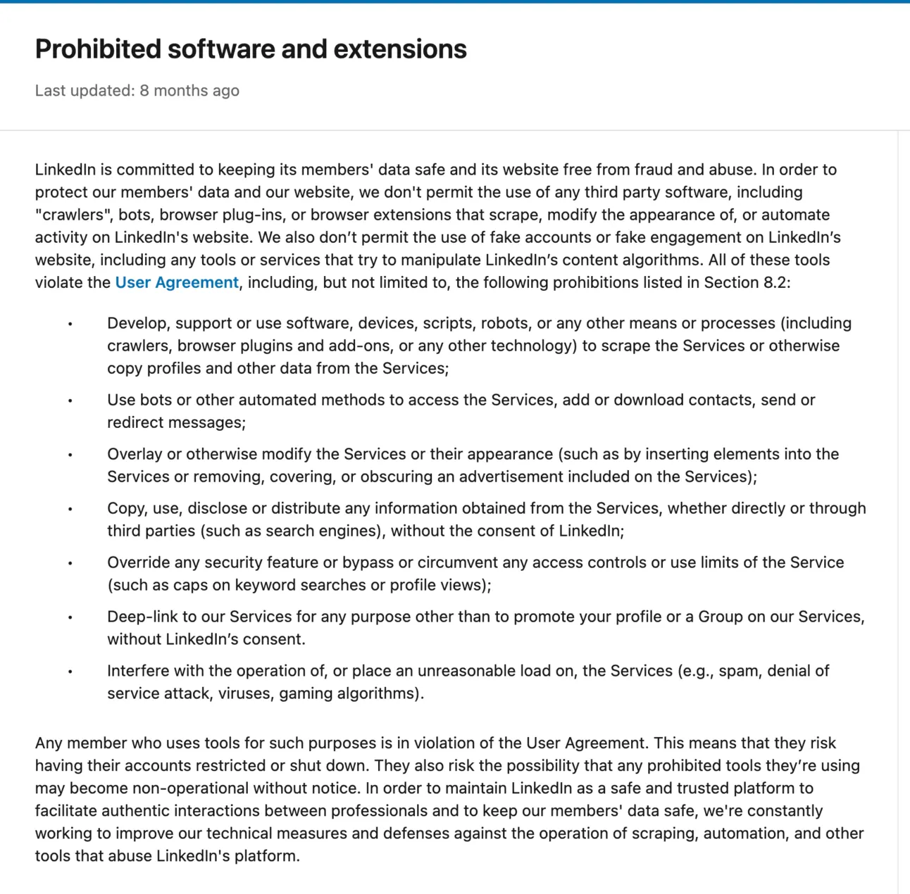 LinkedIn help page on prohibited software and extensions that scrape or automate activity