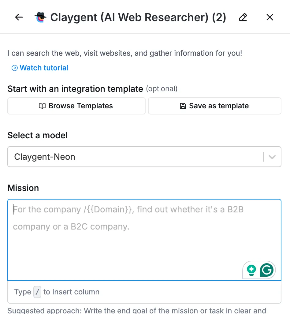 Claygent (AI Web Researcher) setup panel with a model selector and an empty Mission prompt field