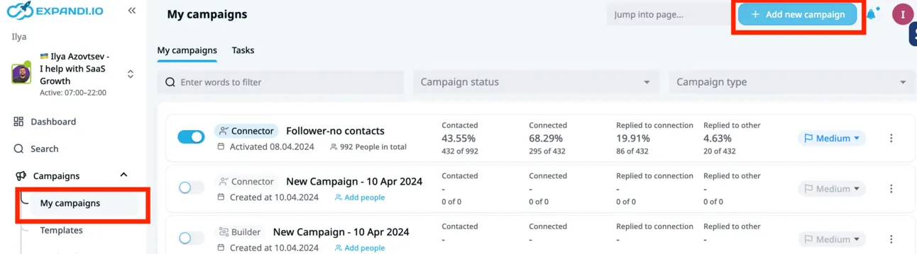 Expandi My campaigns page with My campaigns and the Add new campaign button highlighted
