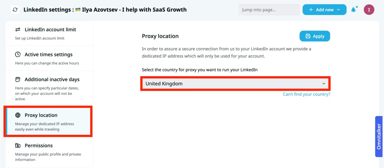 Expandi LinkedIn settings with the proxy location set to United Kingdom