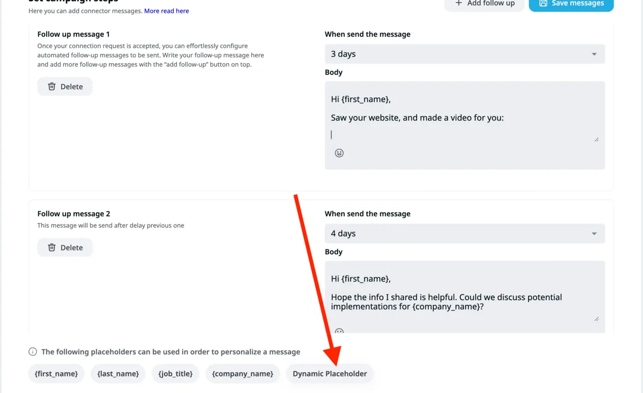 Expandi follow-up messages with an arrow pointing at the Dynamic Placeholder option below them