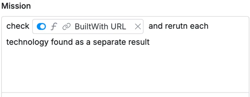 Claygent mission: check the BuiltWith URL column and return each technology found as a separate result