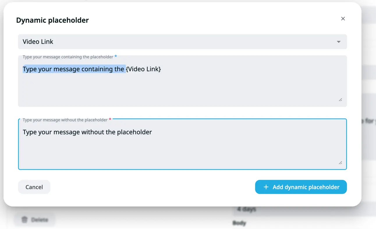Expandi Dynamic placeholder dialog with Video Link selected and the default message text highlighted