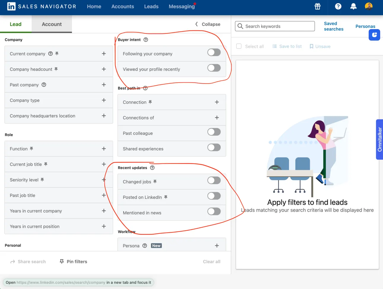 Sales Navigator lead filters with Buyer intent and Recent updates circled: viewed your profile, changed jobs, posted