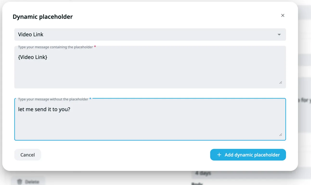 Expandi Dynamic placeholder dialog with the Video Link placeholder and the fallback text let me send it to you?