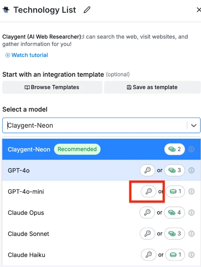 Claygent model selector where GPT-4o-mini can run on your own API key instead of Clay credits, key icon highlighted