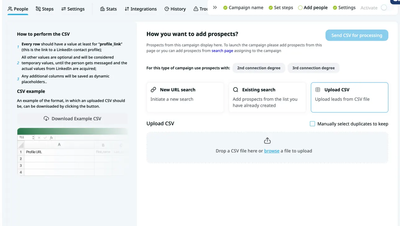 Expandi campaign People tab with Upload CSV selected and the CSV drop zone