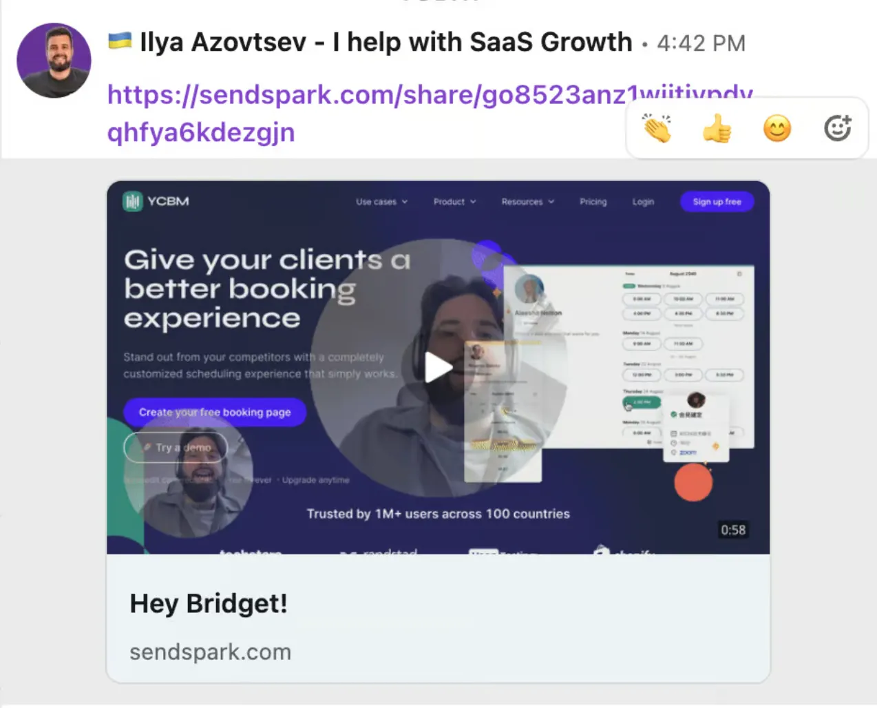 A LinkedIn message with a Sendspark video link, previewing a personalised video over the prospect's website