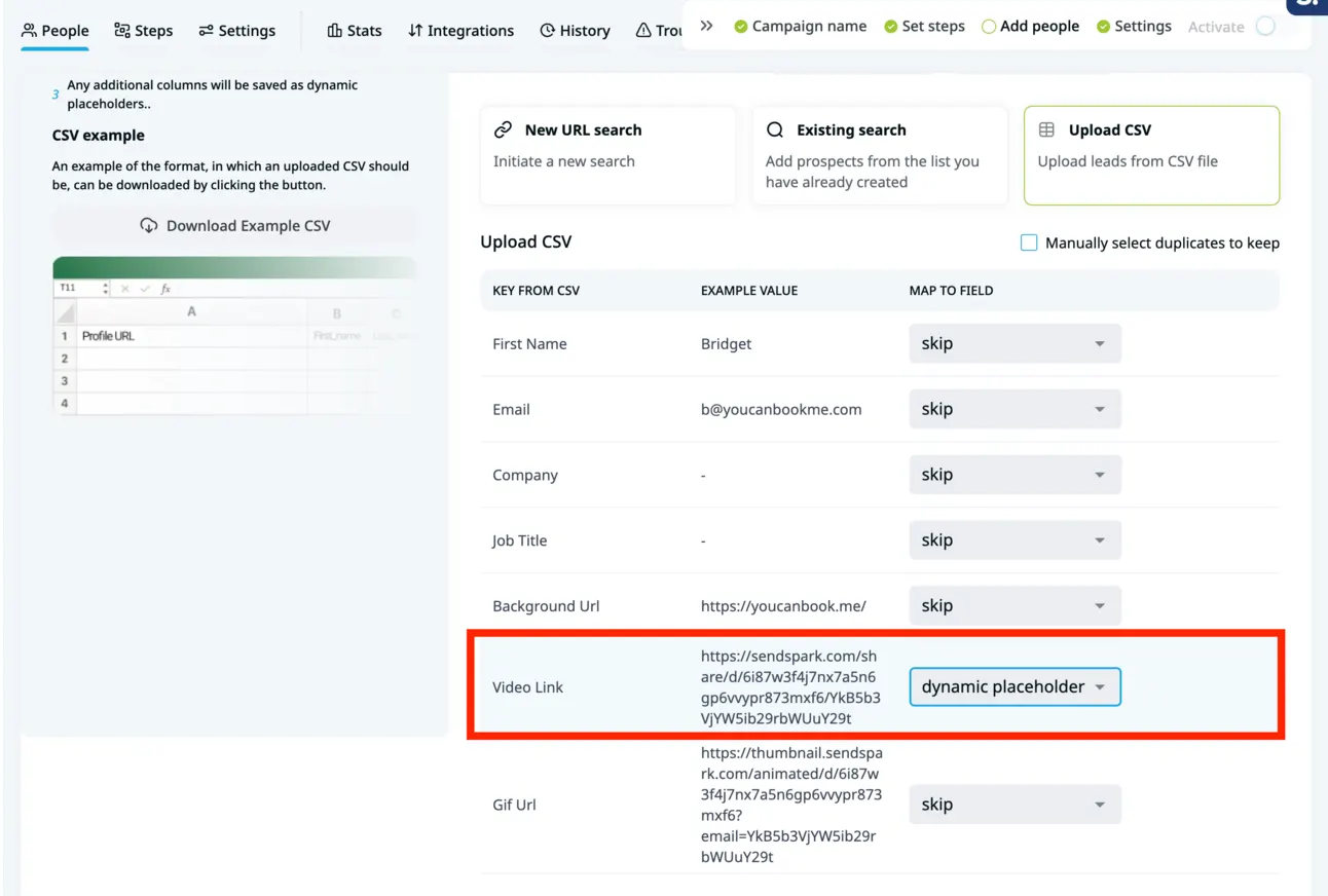 Expandi CSV mapping with the Video Link column mapped to a dynamic placeholder