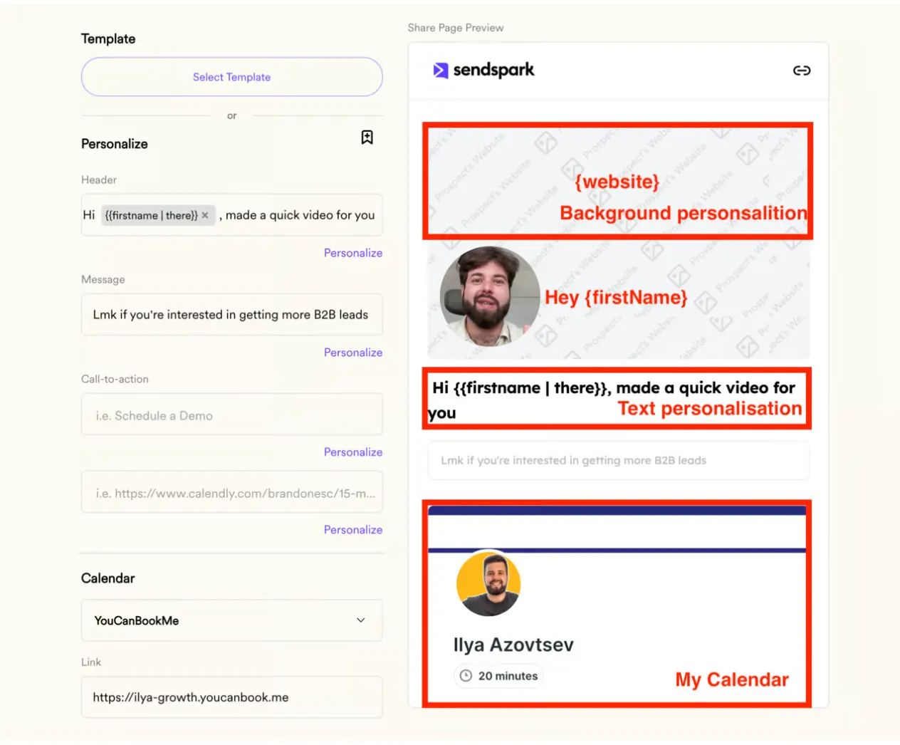 Sendspark share page editor with background, text and calendar personalisation highlighted in the preview