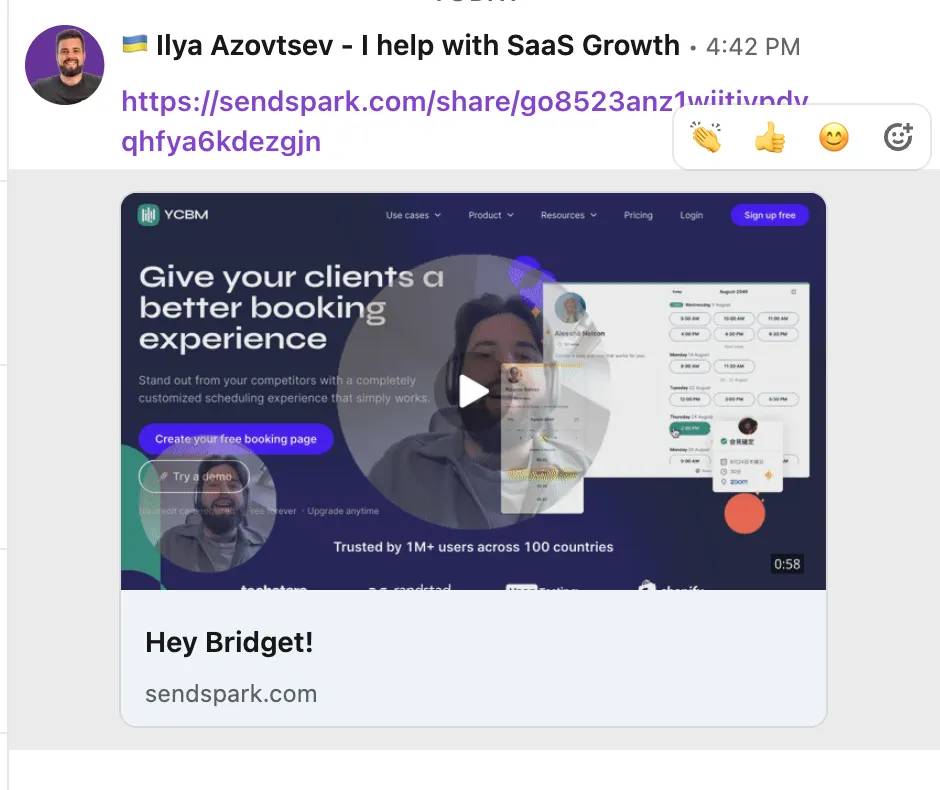 The LinkedIn message the prospect receives: a Sendspark video link with a preview of the personalised video