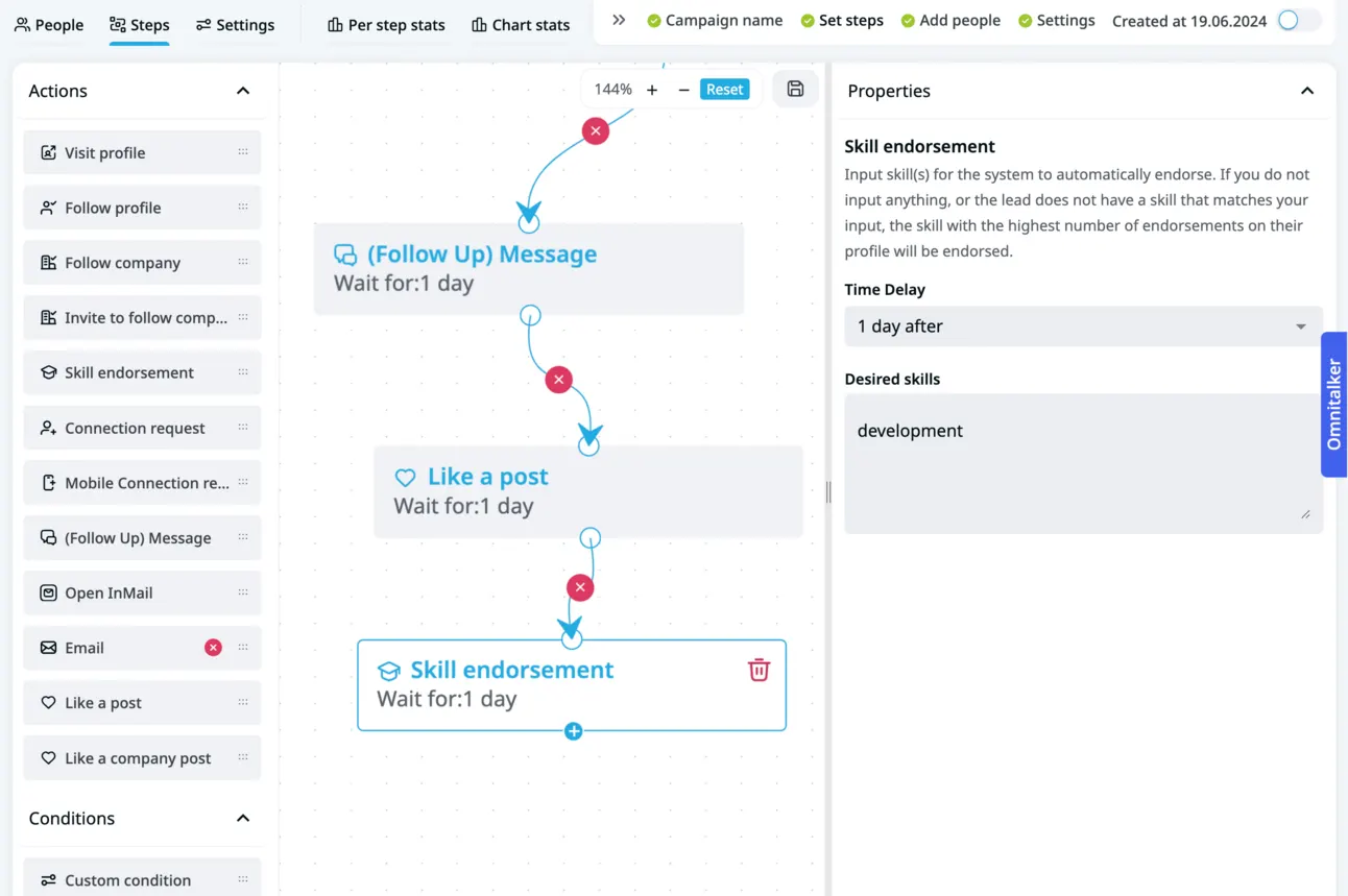 Expandi campaign builder adding Like a post and Skill endorsement steps after a follow-up message