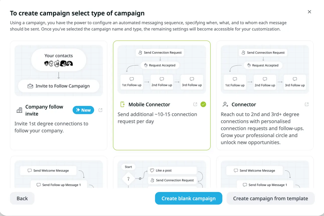 Expandi campaign type picker with Mobile Connector selected, sending about 10 to 15 extra connection requests a day