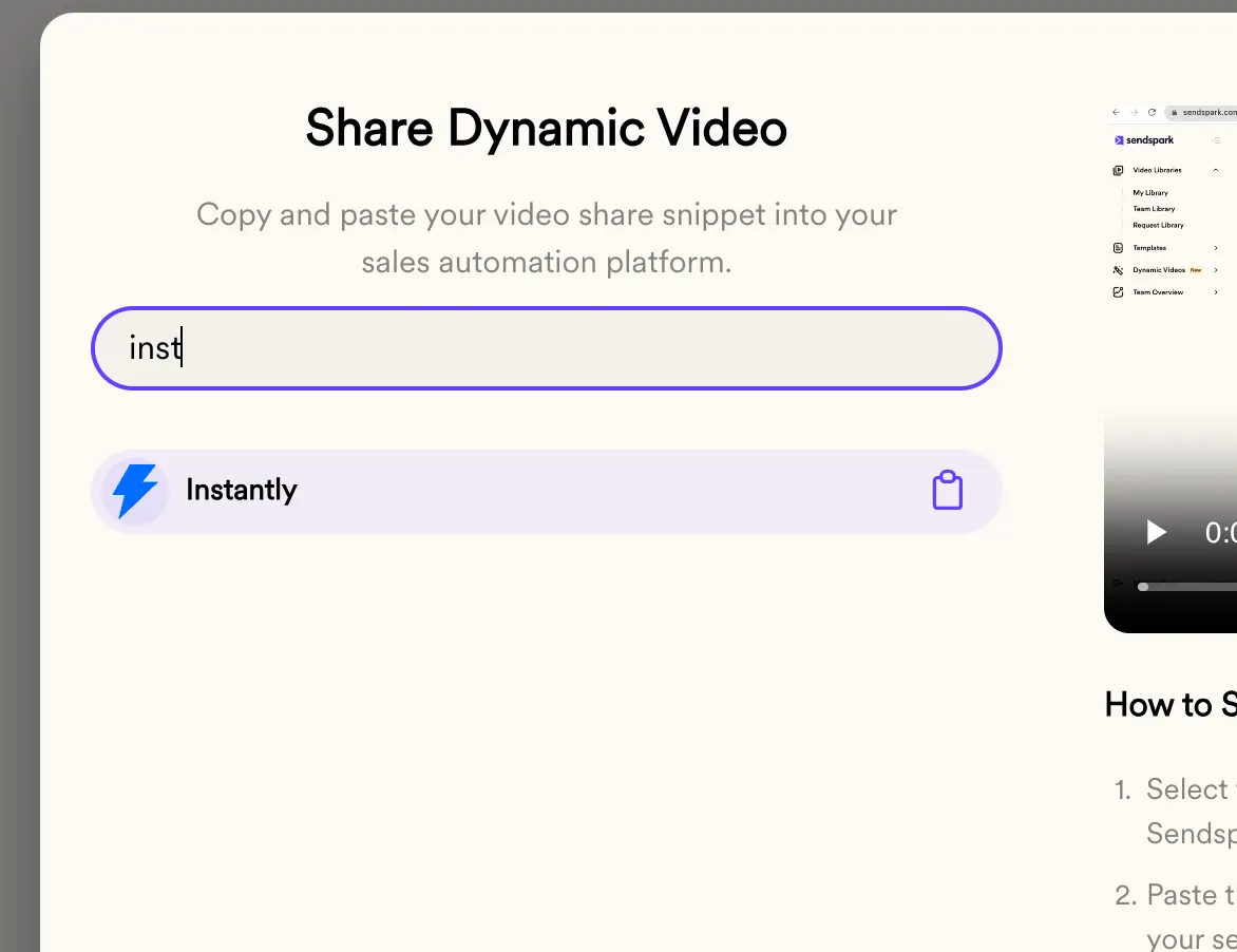 Sendspark Share Dynamic Video dialog with Instantly found in the integration search