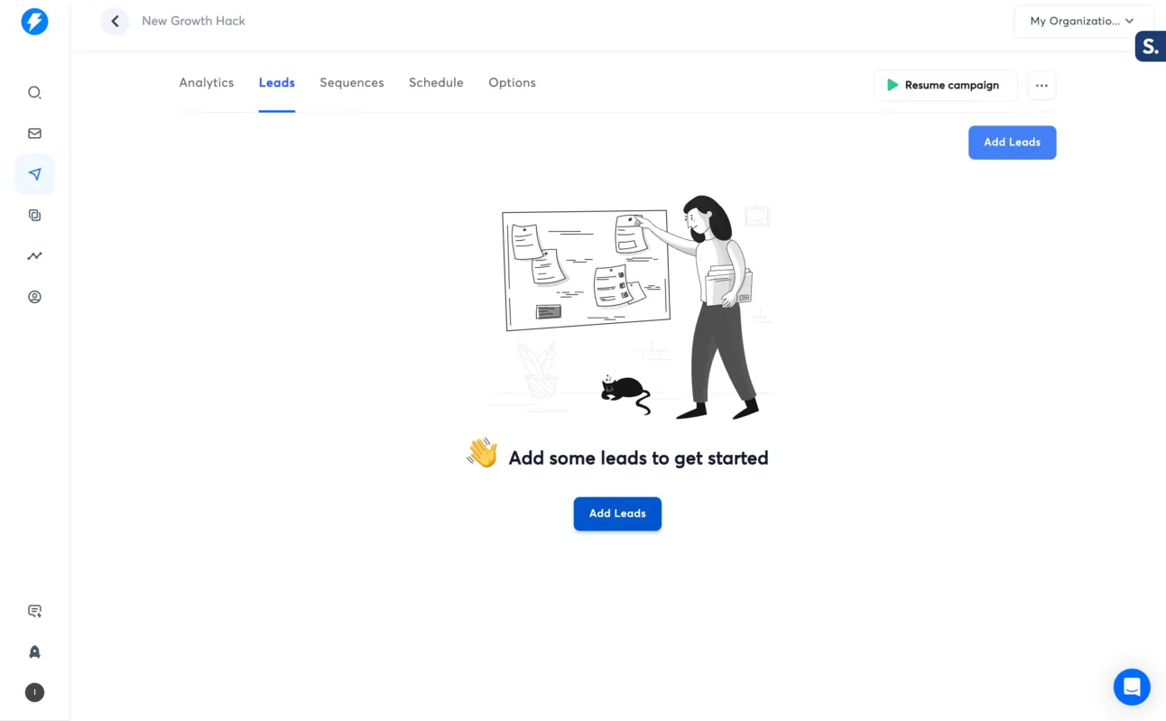 An empty Instantly campaign on the Leads tab, with the Add Leads button