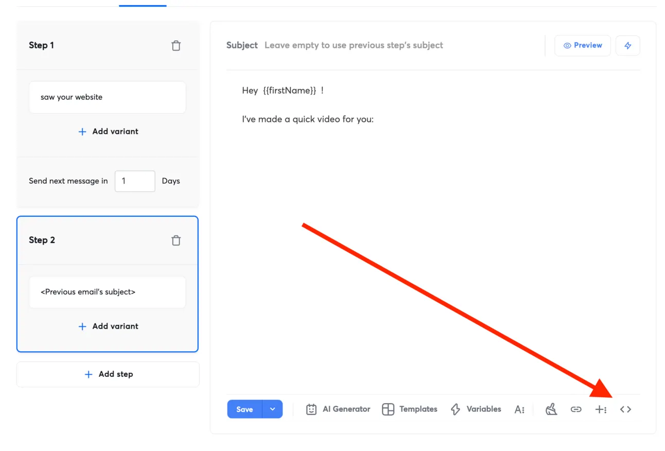 Instantly sequence step with a short email and an arrow pointing at the code view button in the toolbar