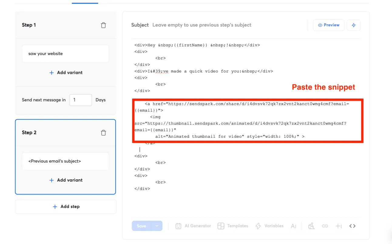 Instantly code view with the Sendspark video snippet pasted into the email body