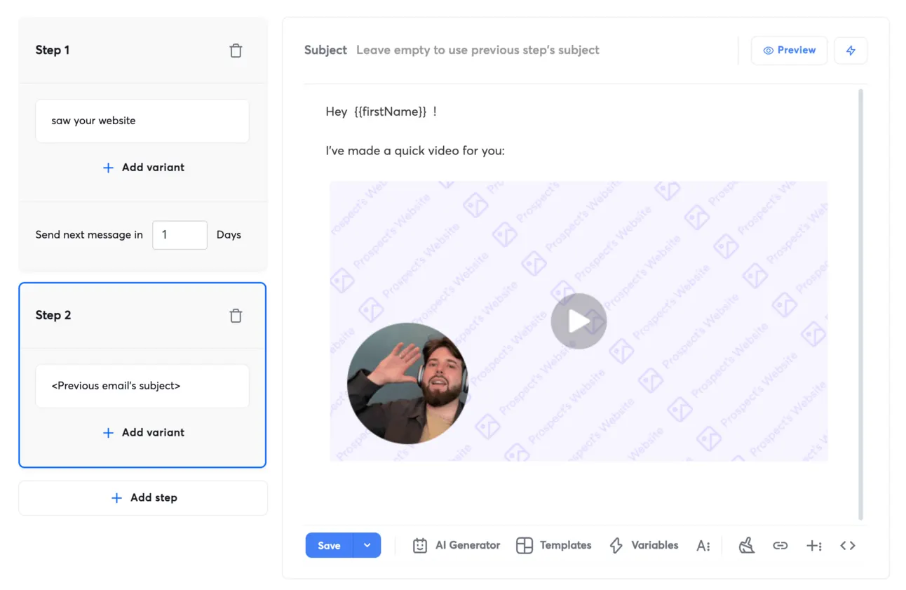 Instantly sequence step showing the embedded personalised video thumbnail in the email