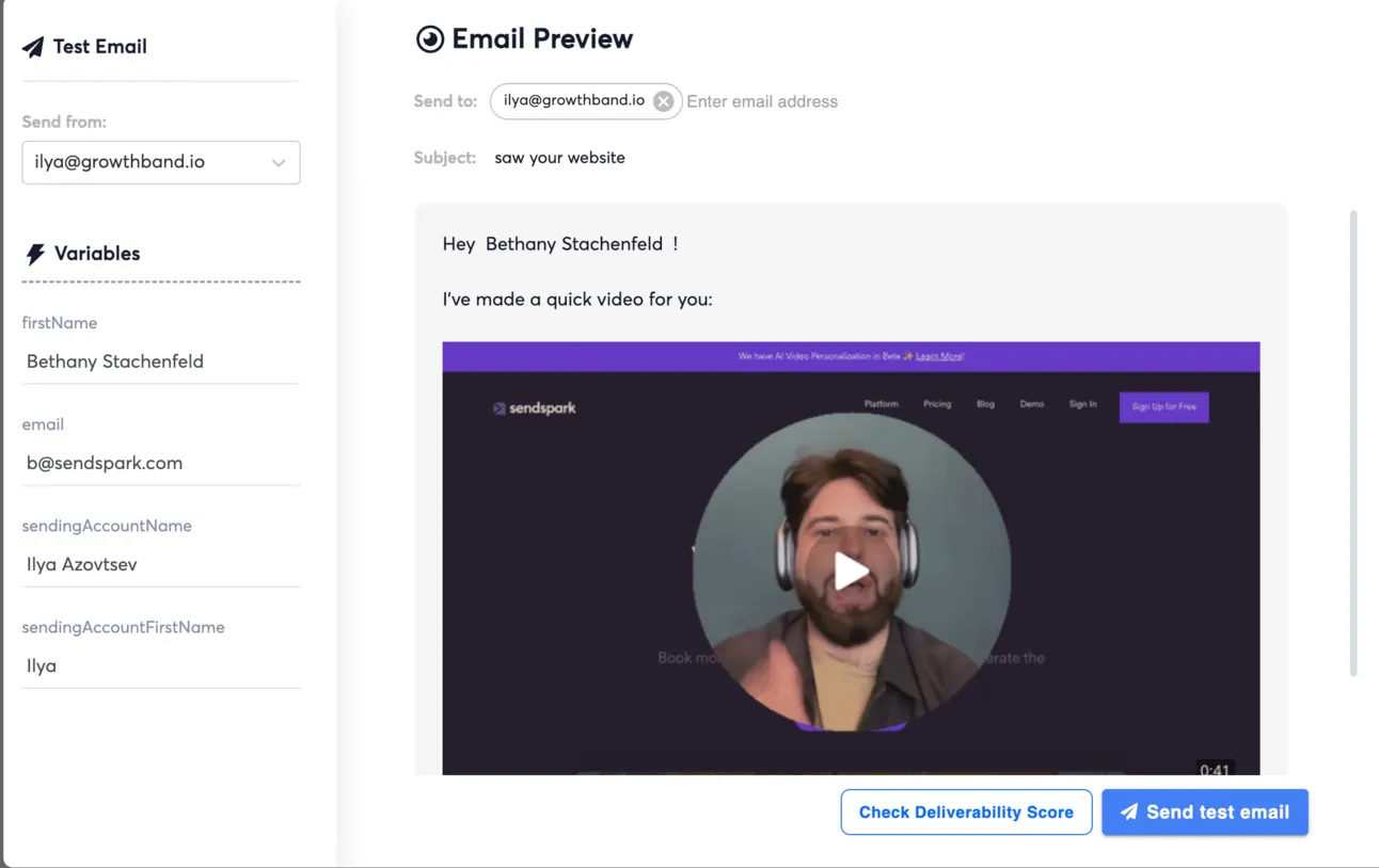 Instantly email preview for one prospect, with the personalised video playing over Sendspark's website