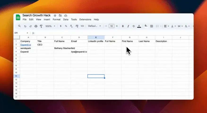 Google Sheet with company, title, name and email columns where a formula fills in each contact's LinkedIn profile