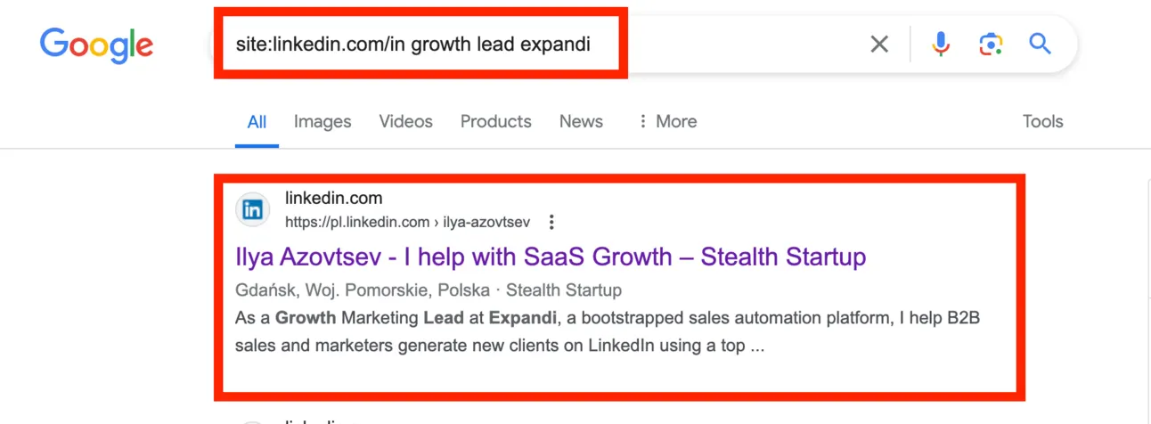 Google search for site:linkedin.com/in growth lead expandi, with Ilya Azovtsev's LinkedIn profile as the first result