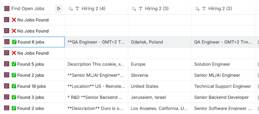 Clay table with a Find Open Jobs column showing found or no jobs per company, with job titles and locations