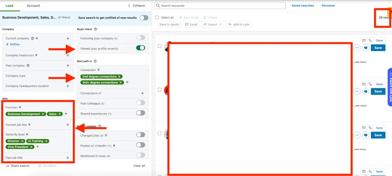 LinkedIn Sales Navigator lead search with the function, seniority, profile view and connection degree filters highlighted