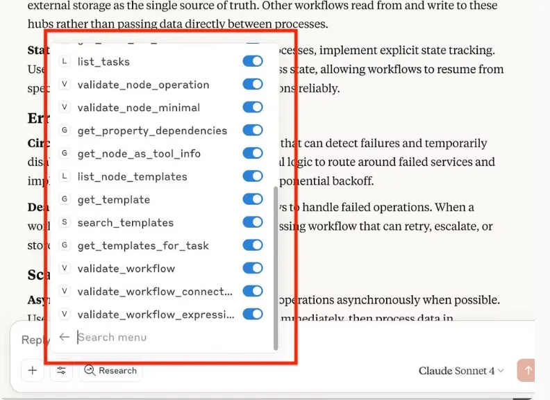 Claude tools menu listing N8N MCP tools such as validate_node_operation, search_templates and validate_workflow, all switched on