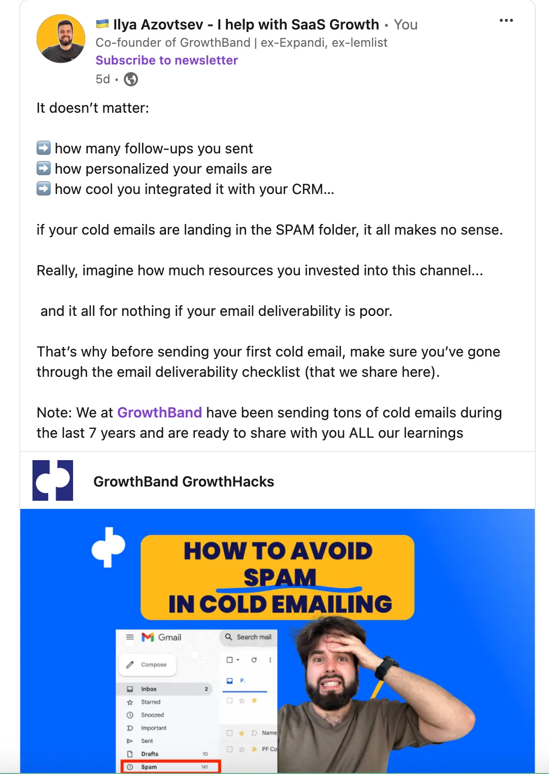 Ilya's LinkedIn post about cold emails landing in spam, sharing a How to avoid spam in cold emailing video