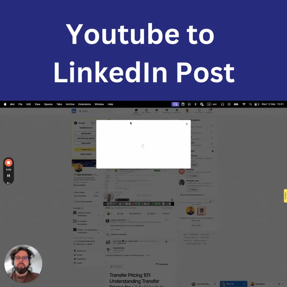 Animated screen recording turning a YouTube video into a LinkedIn post with the Growsy extension inside LinkedIn