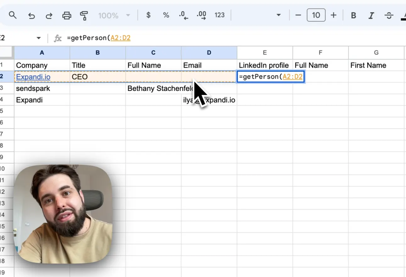 Video frame: Ilya beside a Google Sheet where the getPerson formula runs on a row of company, title, name and email