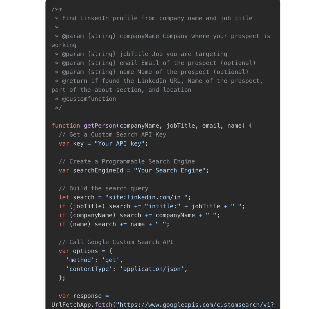 The getPerson Apps Script code that builds a site:linkedin.com/in query and calls the Google Custom Search API