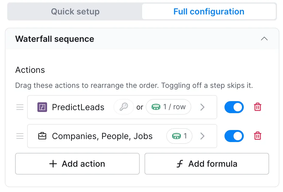 Clay waterfall sequence that looks up job openings with PredictLeads, then with the Companies, People, Jobs source