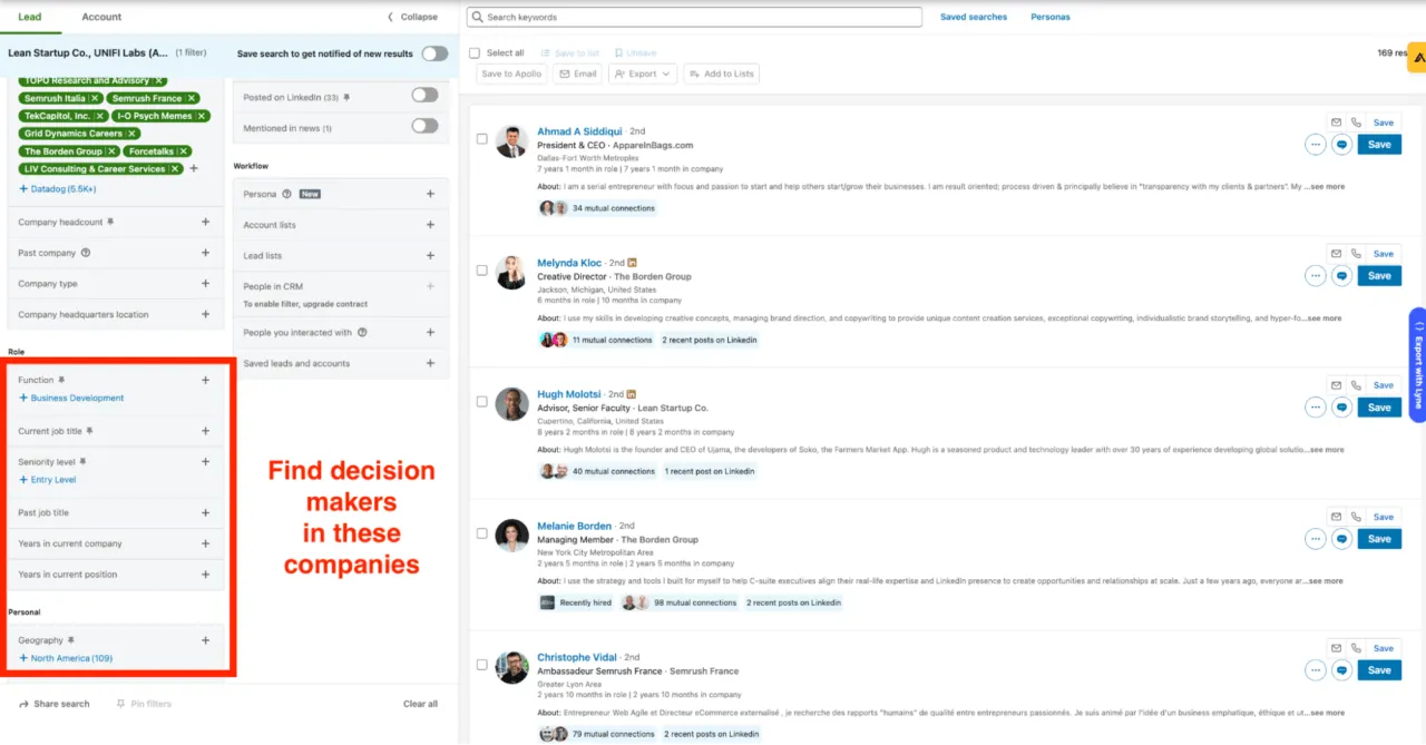Sales Navigator lead search limited to the selected companies, with the role filters marked to find decision makers