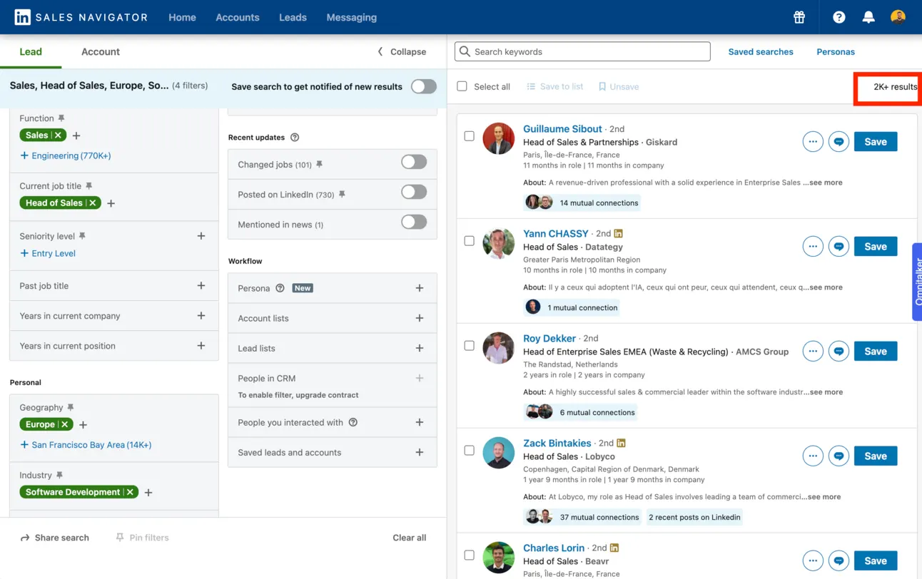 LinkedIn Sales Navigator lead search for Heads of Sales in Europe in software, showing 2K+ results