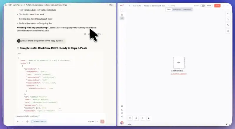 Animated screen recording: Claude returns a complete n8n workflow JSON, which is then pasted into an empty n8n editor