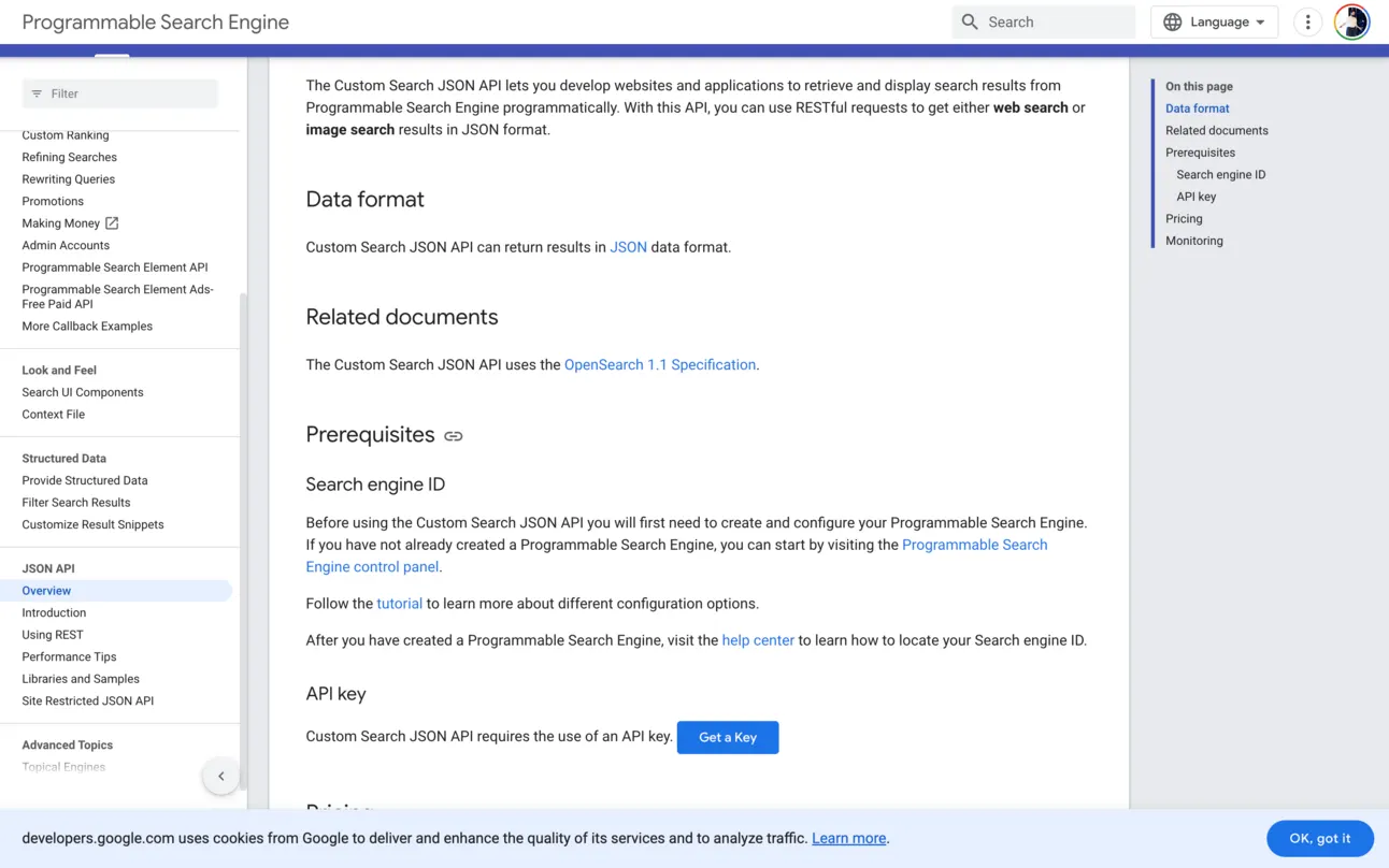 Google's Custom Search JSON API overview page, with the Get a Key button under the API key section