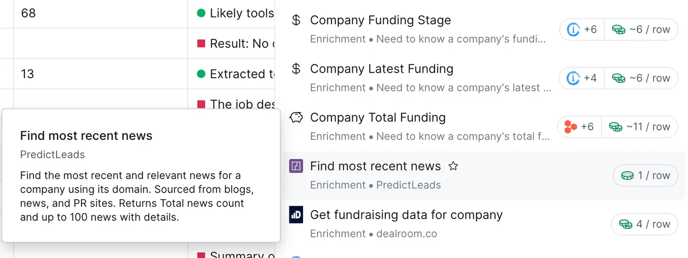 Clay enrichment menu with funding stage, latest funding and PredictLeads Find most recent news options