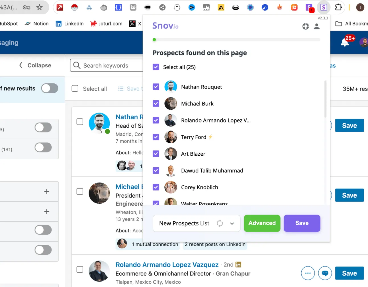 Snov.io Chrome extension over a Sales Navigator search, listing the 25 prospects found on the page