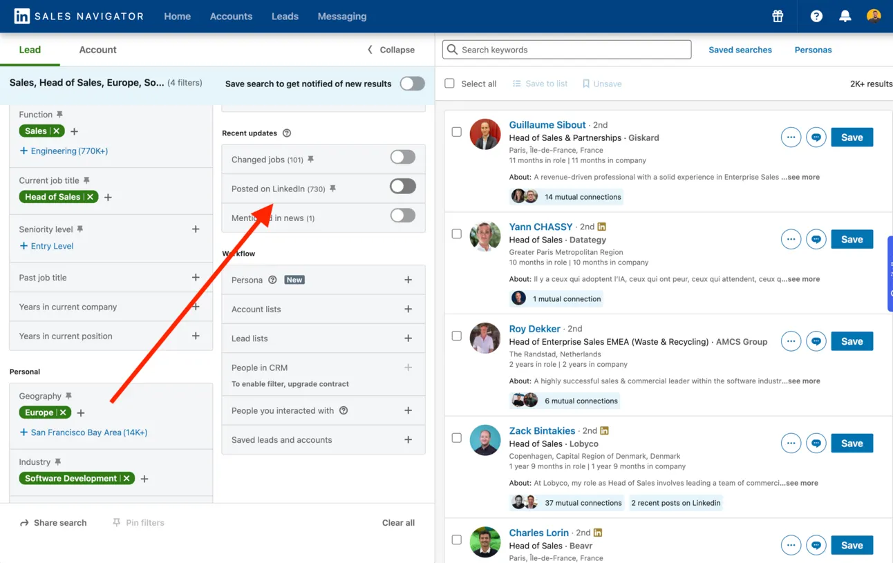 The same Sales Navigator search with an arrow pointing at the Posted on LinkedIn filter under Recent updates