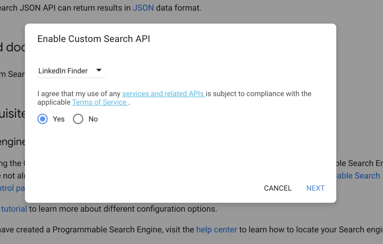 Enable Custom Search API dialog with a project named LinkedIn Finder selected and the terms of service accepted