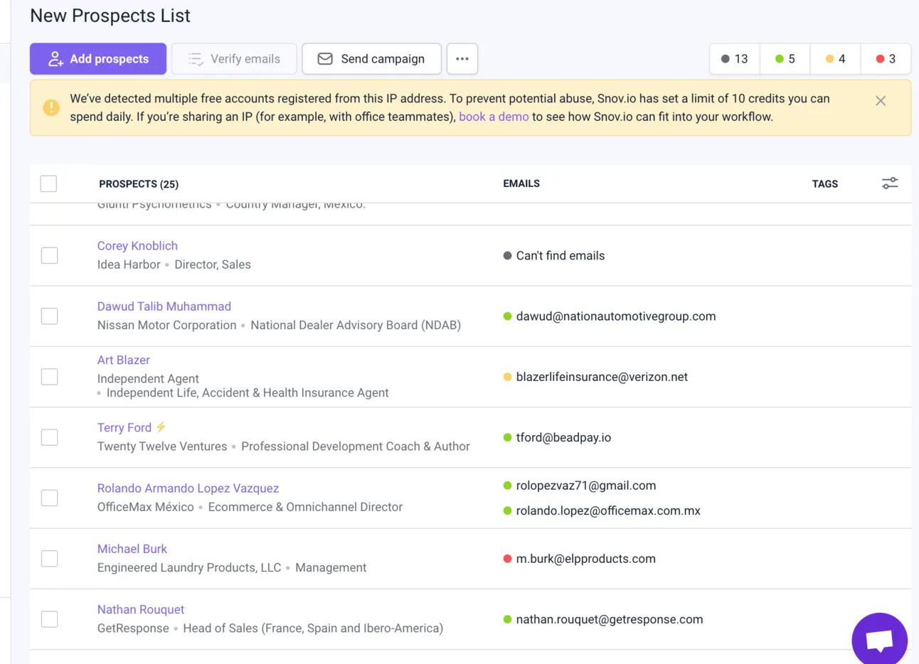 Snov.io prospects list with the email addresses found for the Sales Navigator leads, colour-coded by status