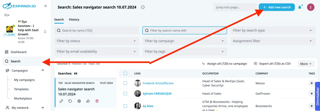 Expandi search page with arrows pointing at the Search menu item and the Add new search button