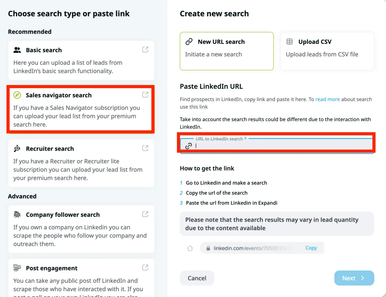Expandi new search dialog with Sales navigator search selected and a field to paste the LinkedIn search URL