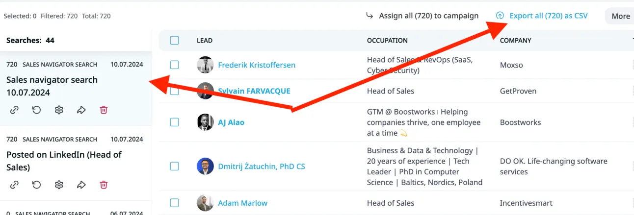 Expandi list of 720 scraped Sales Navigator leads with an arrow pointing at Export all as CSV