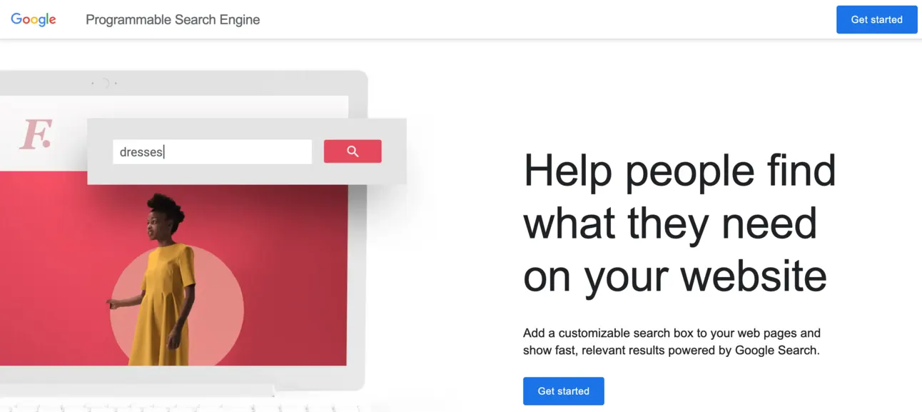 Google Programmable Search Engine landing page with the Get started button